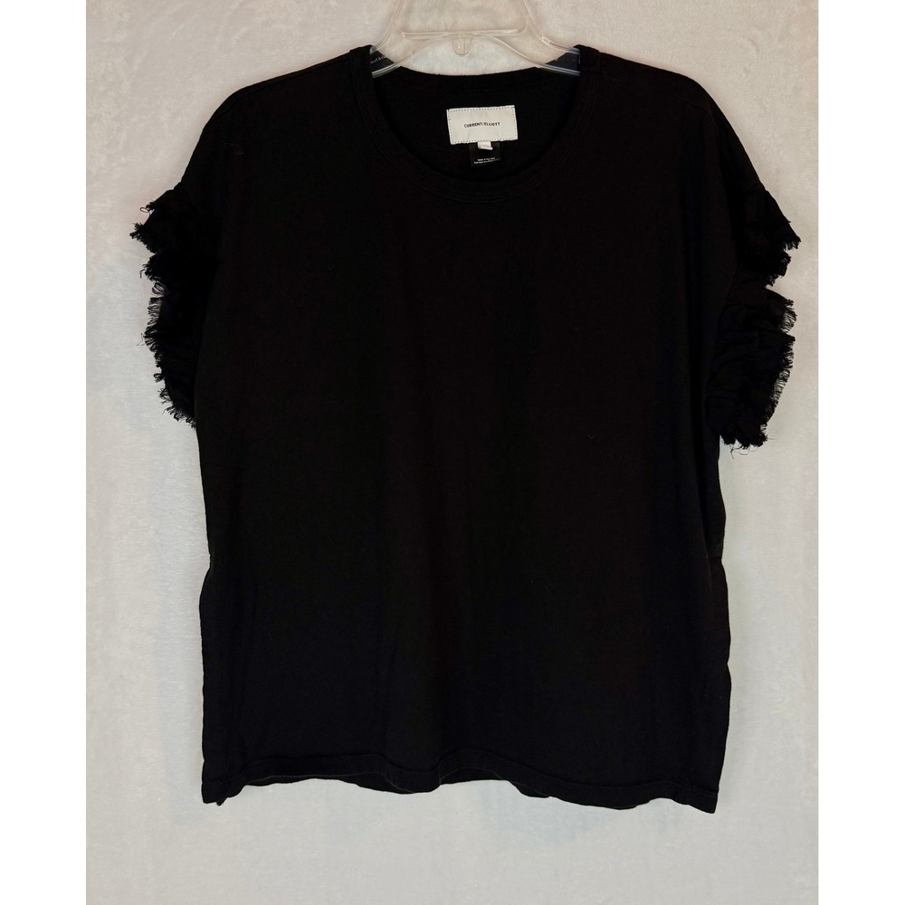 Current‎ Elliott Black Ruffle Sleeve Tee Top Size 1 Cotton Side Slit USA Made